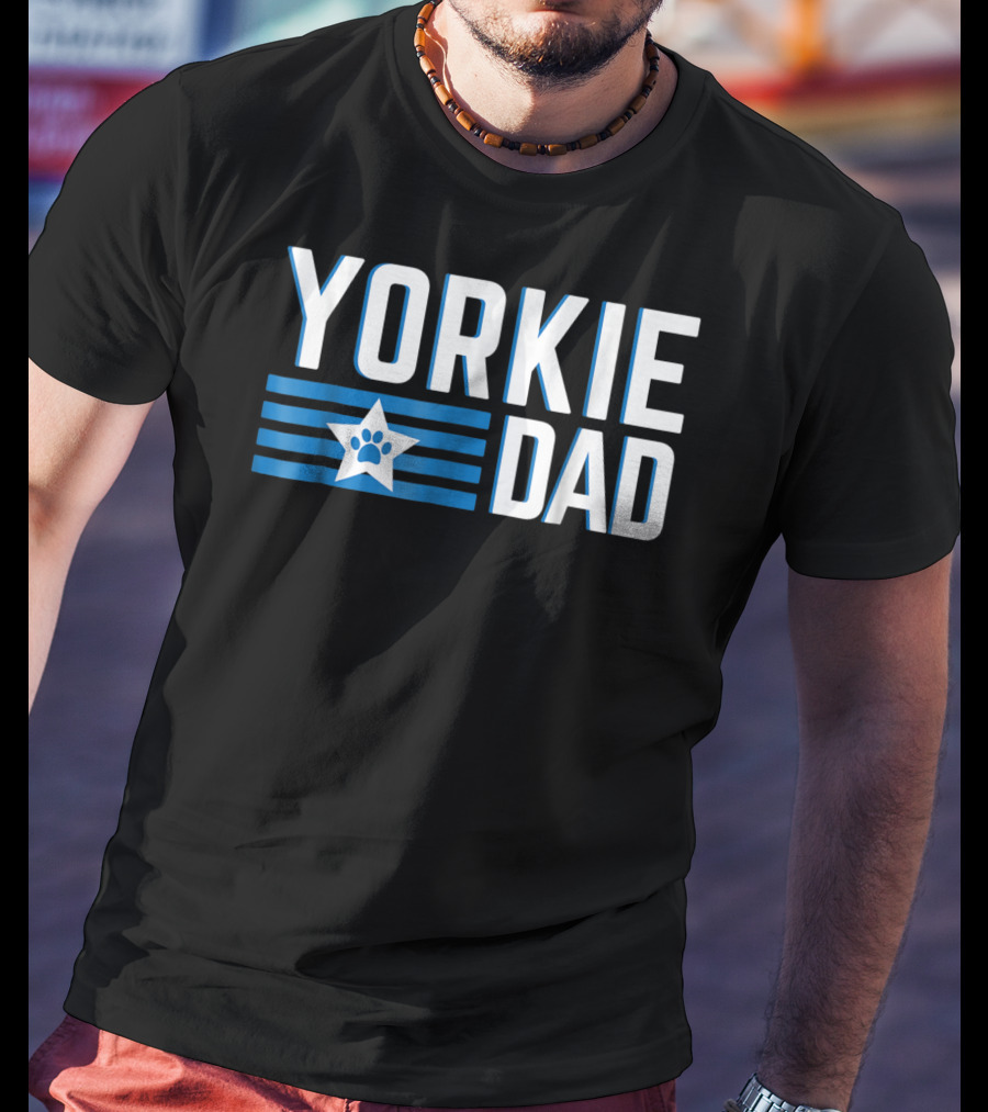 Yorkie Dad Yorkshire Terrier Dad Blue Paw Print Star T-Shirt