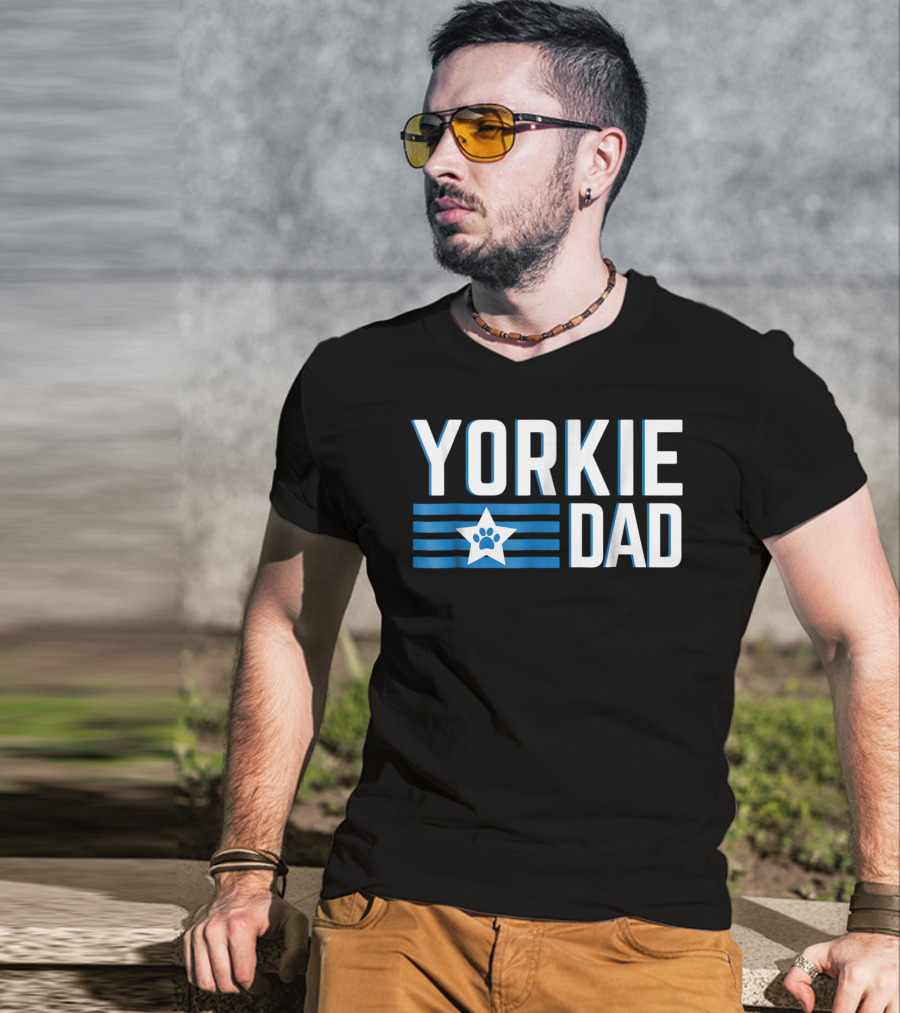 Yorkie Dad Yorkshire Terrier Dad Blue Paw Print Star T-Shirt