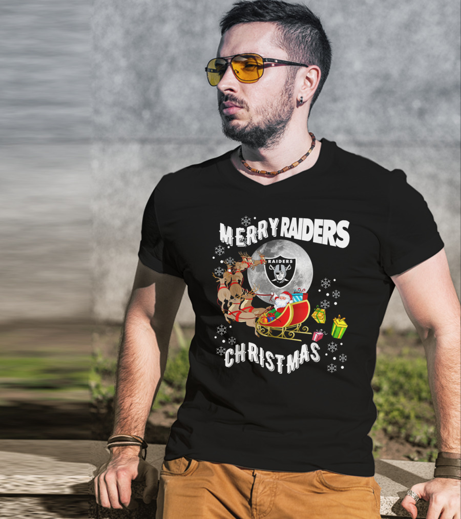 Merry Raiders Christmas Santa Sleigh Snowflakes Reindeer Presents T-Shirt