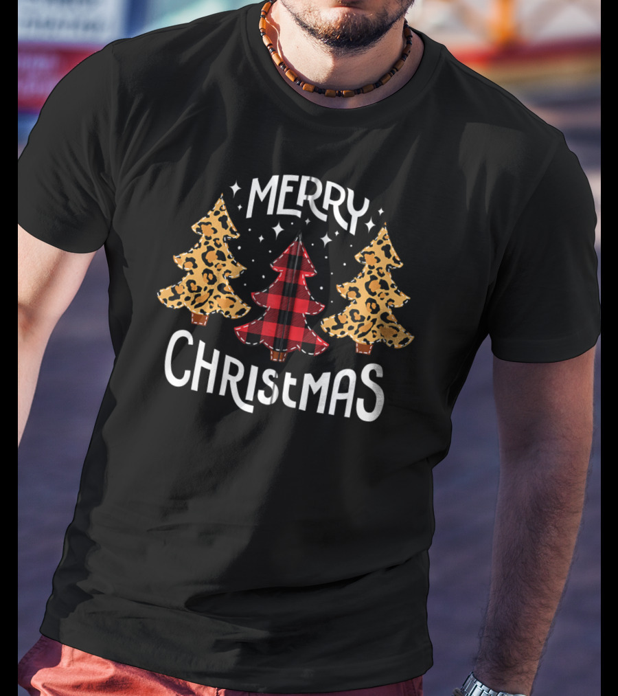 Merry Christmas Leopard And Red Buffalo Plaid Trees T-Shirt