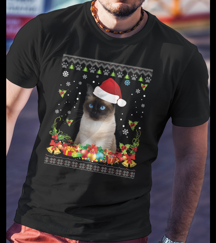 Merry Christmas Siamese Cat UglySweater Santa Hat Snowflake Ornaments T-Shirt