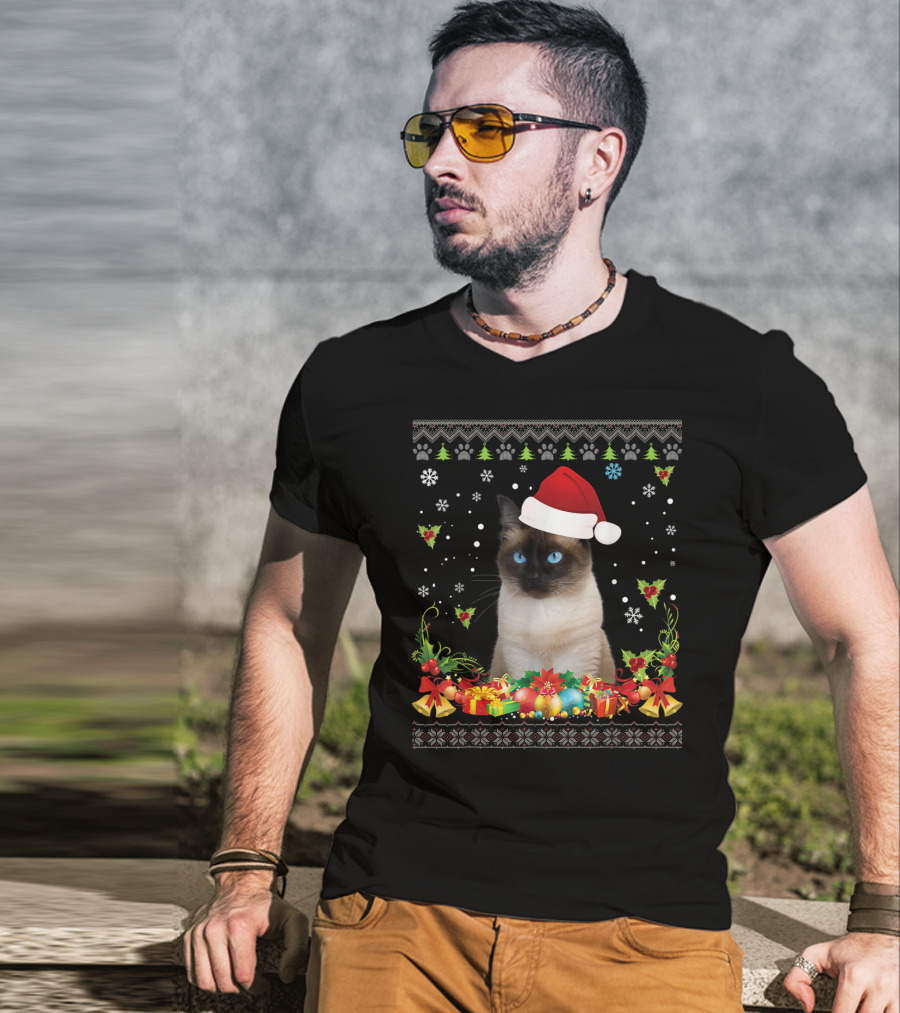 Merry Christmas Siamese Cat UglySweater Santa Hat Snowflake Ornaments T-Shirt