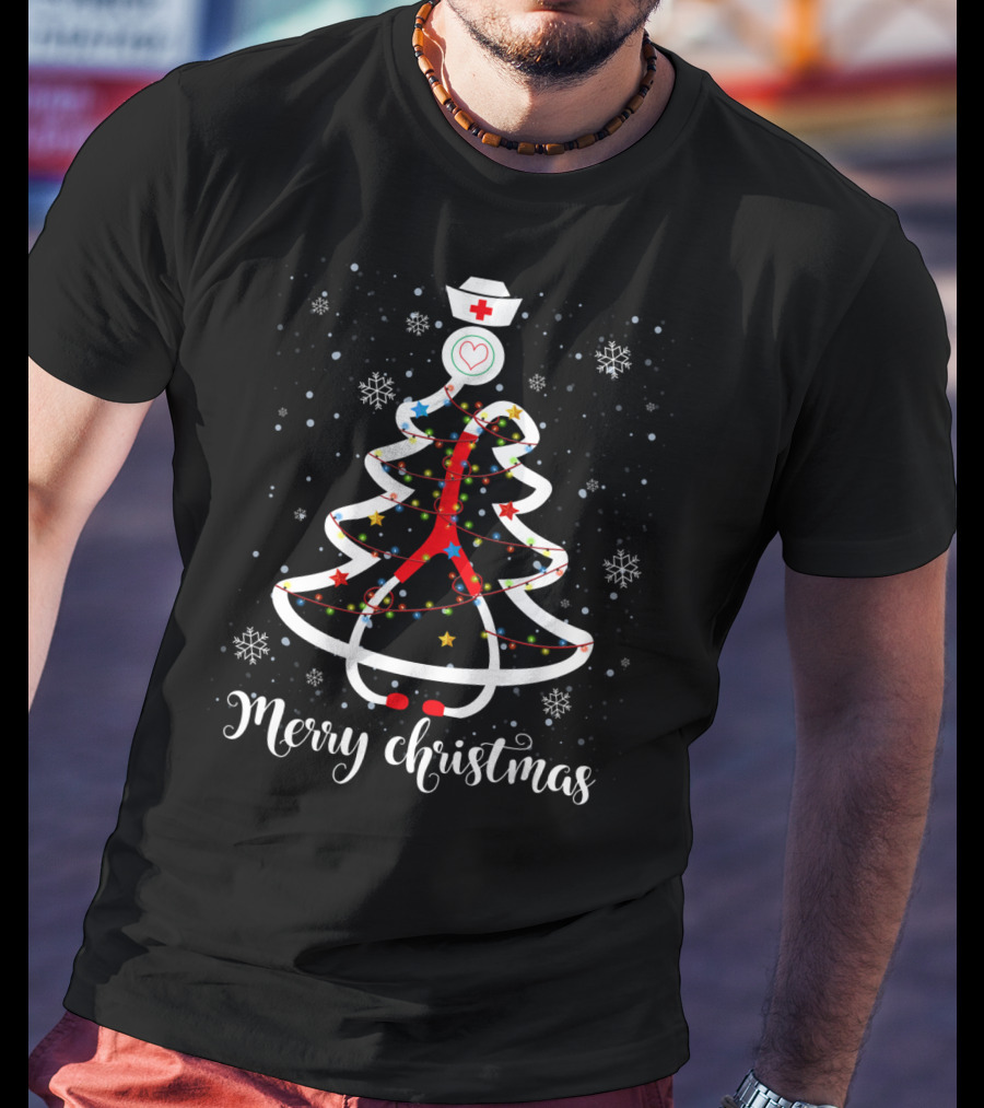 Merry Christmas Nurse Stethoscope Tree With Snowflakes And Stars T-Shirt