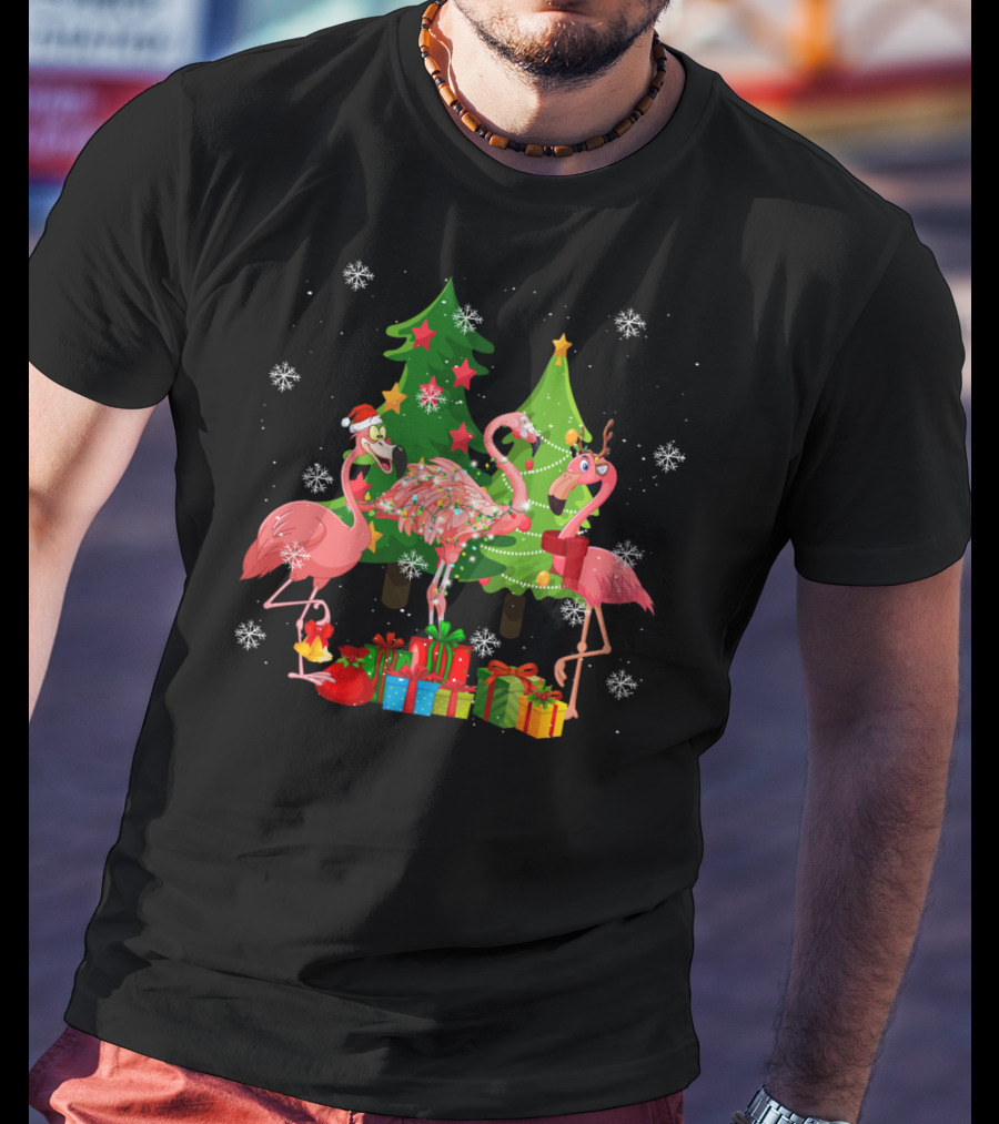 Merry Flocking Christmas Cute Flamingo Snowflake Presents T-Shirt