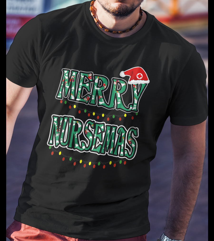 Merry Nursemas Christmas Santa Hat Lights T-Shirt