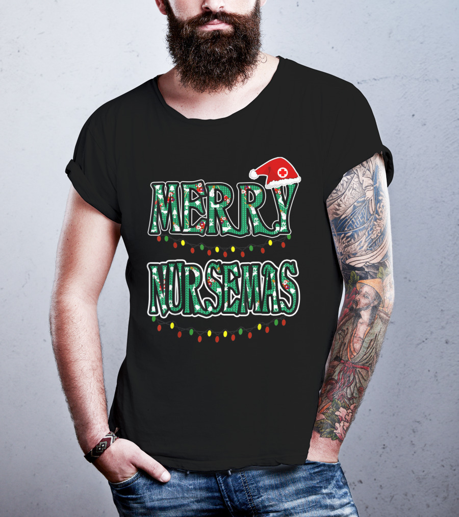 Merry Nursemas Christmas Santa Hat Lights T-Shirt