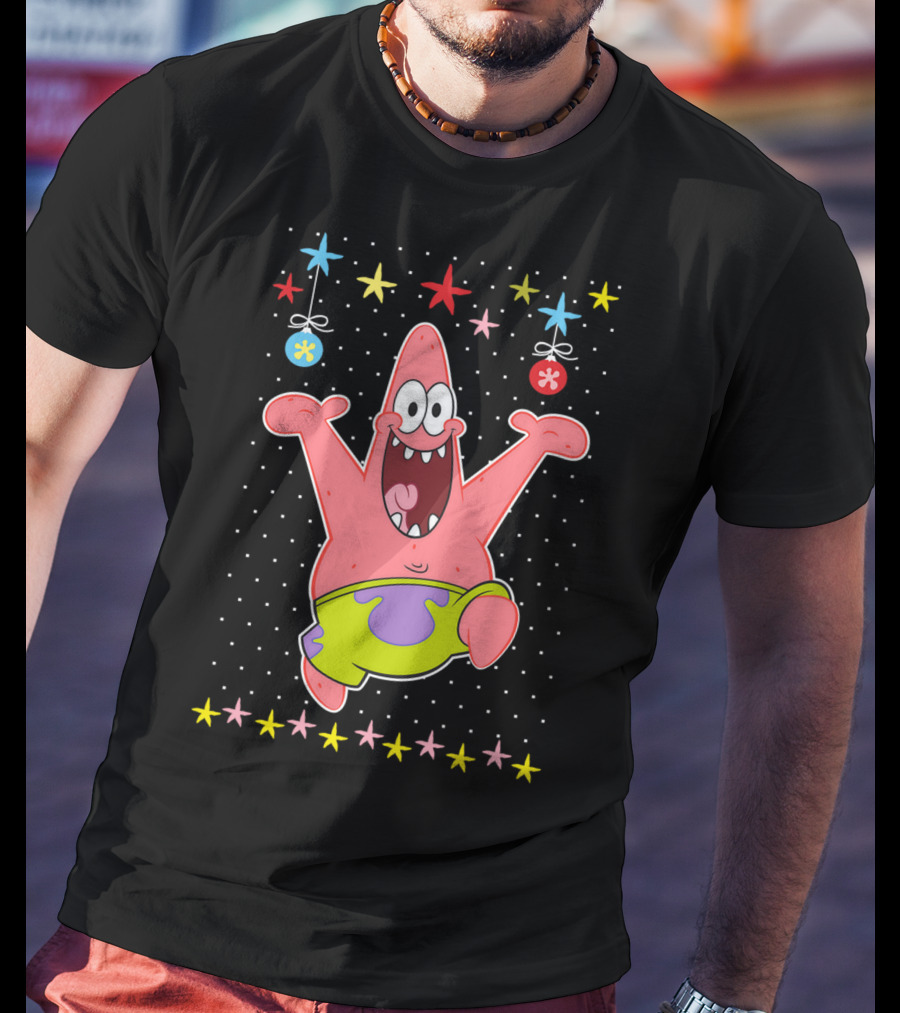 Patrick Star Festive Jumping Celebration Stars Nickelodeon Spongebob Squarepants T-Shirt