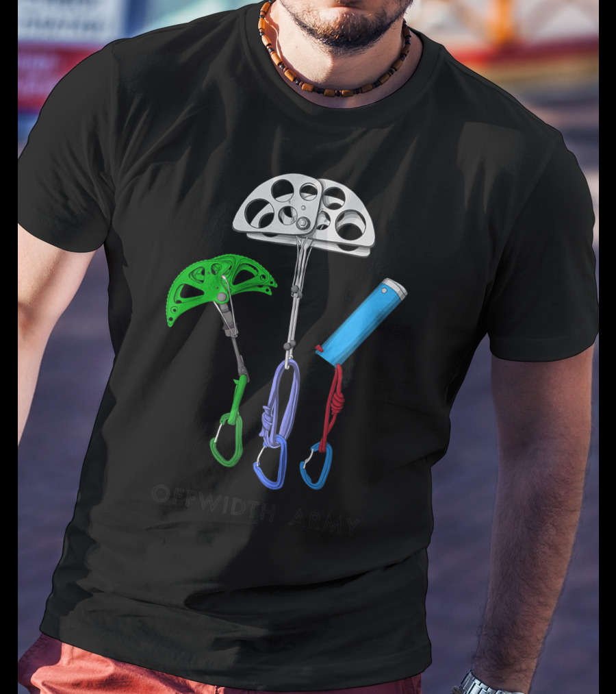 Offwidth Army Rock Climbing Gear Camming Devices And Nuts T-Shirt