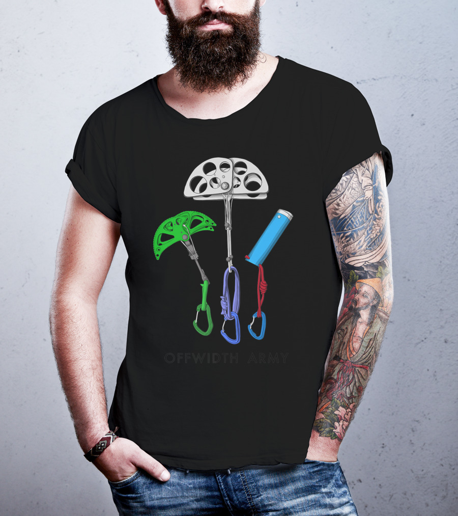 Offwidth Army Rock Climbing Gear Camming Devices And Nuts T-Shirt