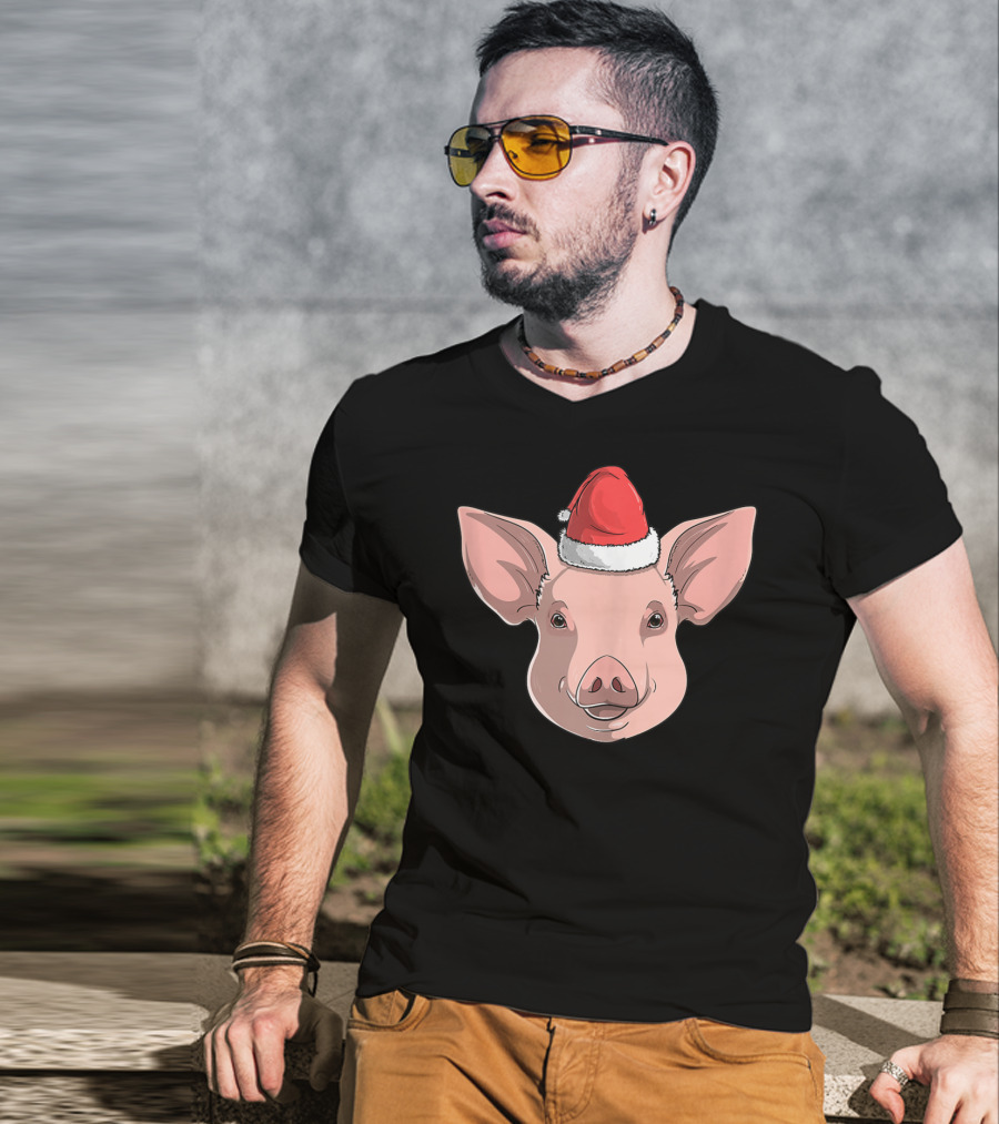 Pig Wearing Santa Claus Hat Christmas Holiday T-Shirt