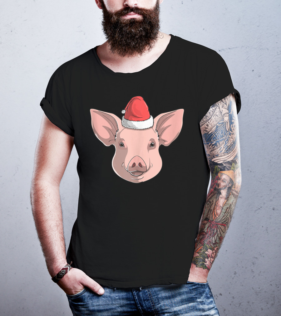 Pig Wearing Santa Claus Hat Christmas Holiday T-Shirt