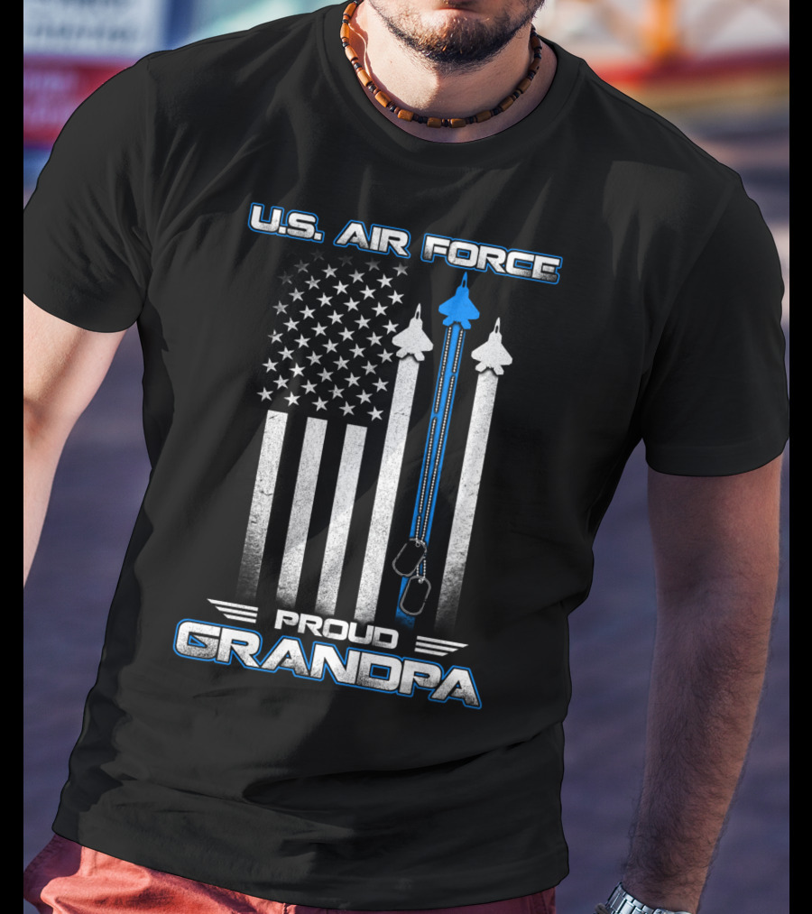 U.S. Air Force Proud Grandpa Flag And Fighter Jets With Dog Tags T-Shirt