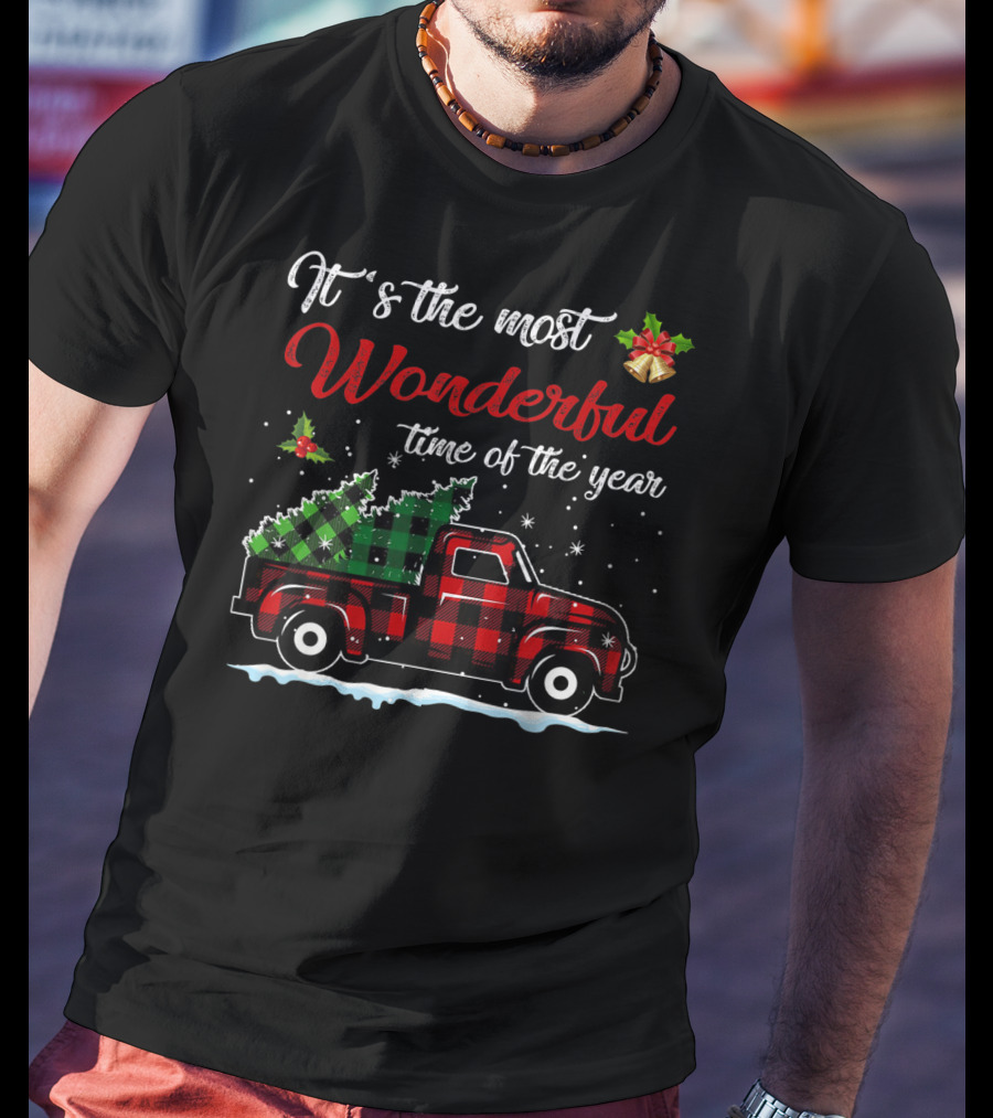 It's The Most Wonderful Time Of The Year Red Plaid Truck And Christmas Tree Decorations T-Shirt