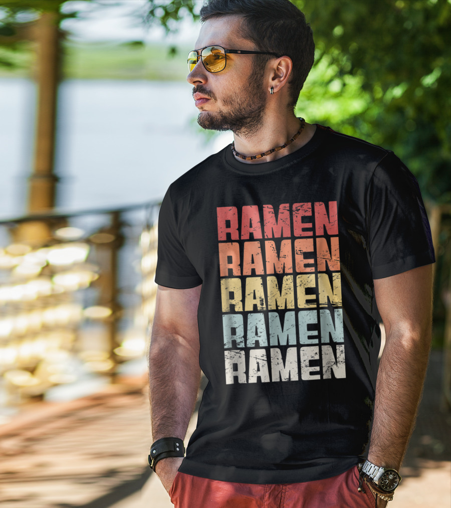 Retro Distressed Multicolor Ramen Repeated Text T-Shirt