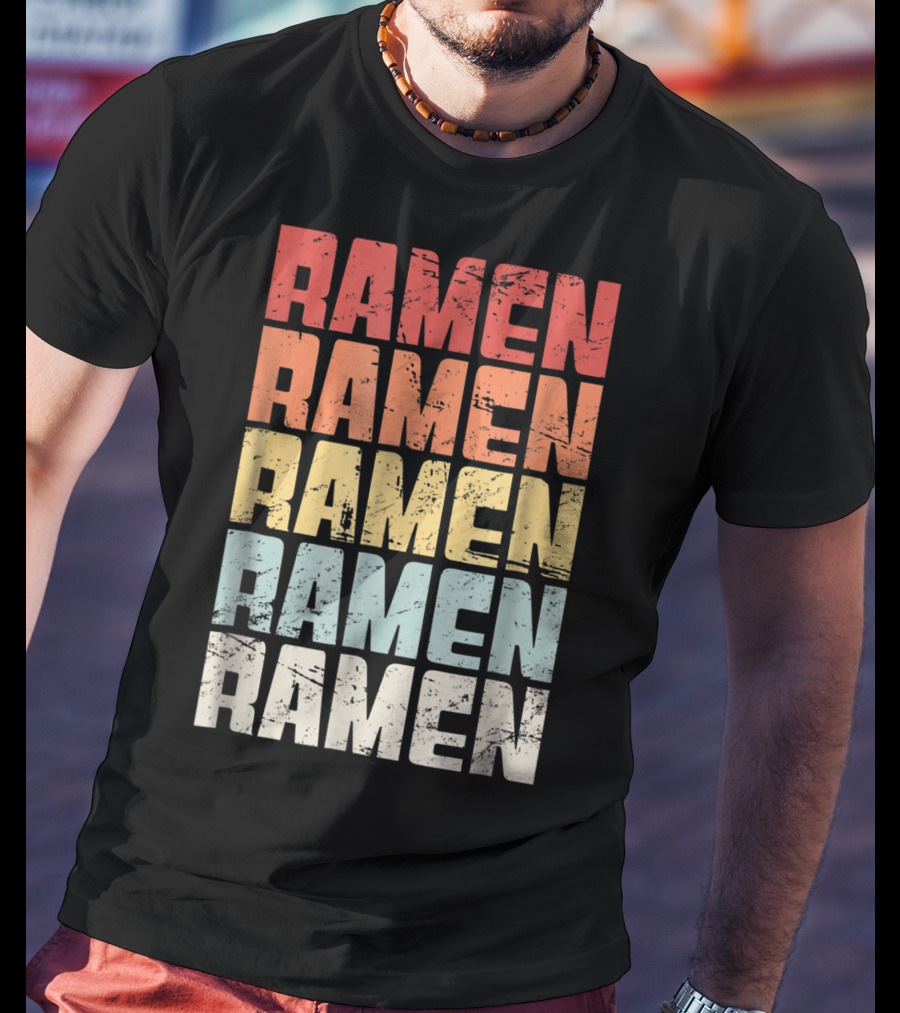 Retro Distressed Multicolor Ramen Repeated Text T-Shirt