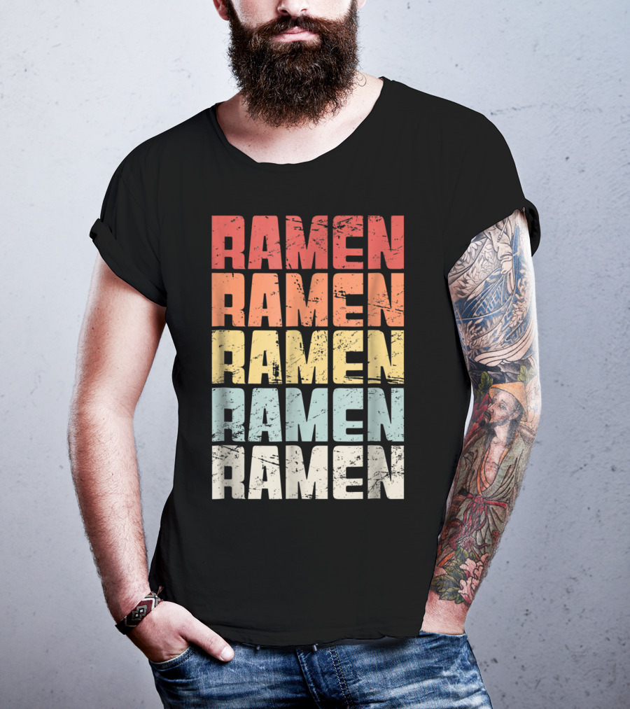 Retro Distressed Multicolor Ramen Repeated Text T-Shirt