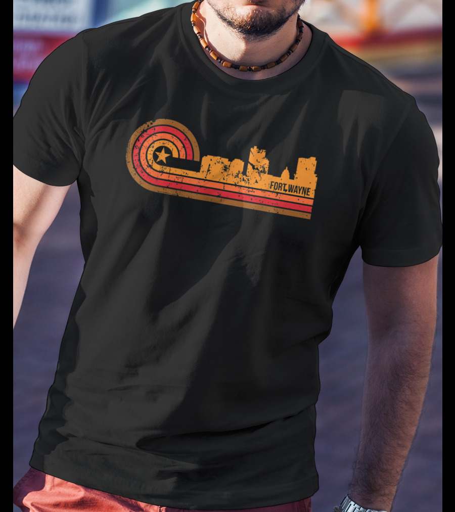 Retro Fort Wayne Indiana Skyline With Star And Stripes T-Shirt