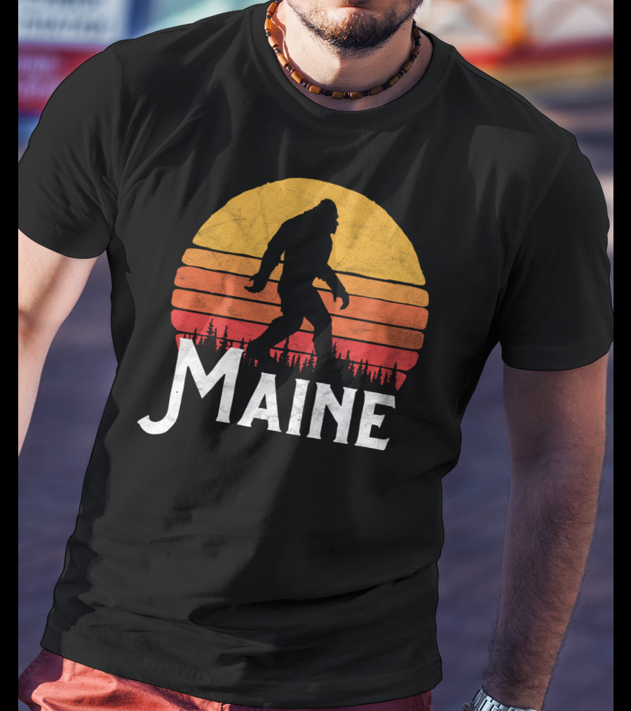 Maine Bigfoot Silhouette Retro Sun Believe T-Shirt