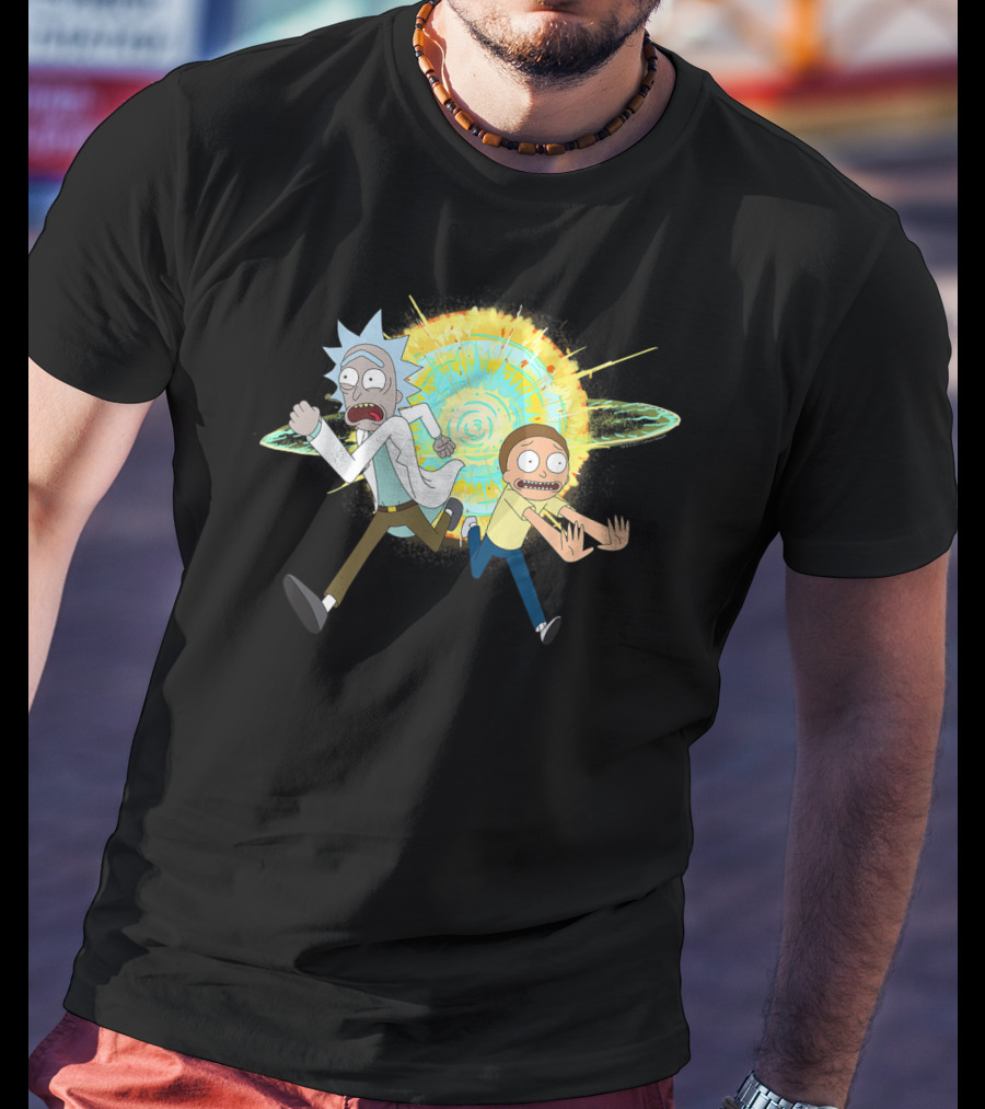 Rick And Morty Running From A Portal Explosion T-Shirt