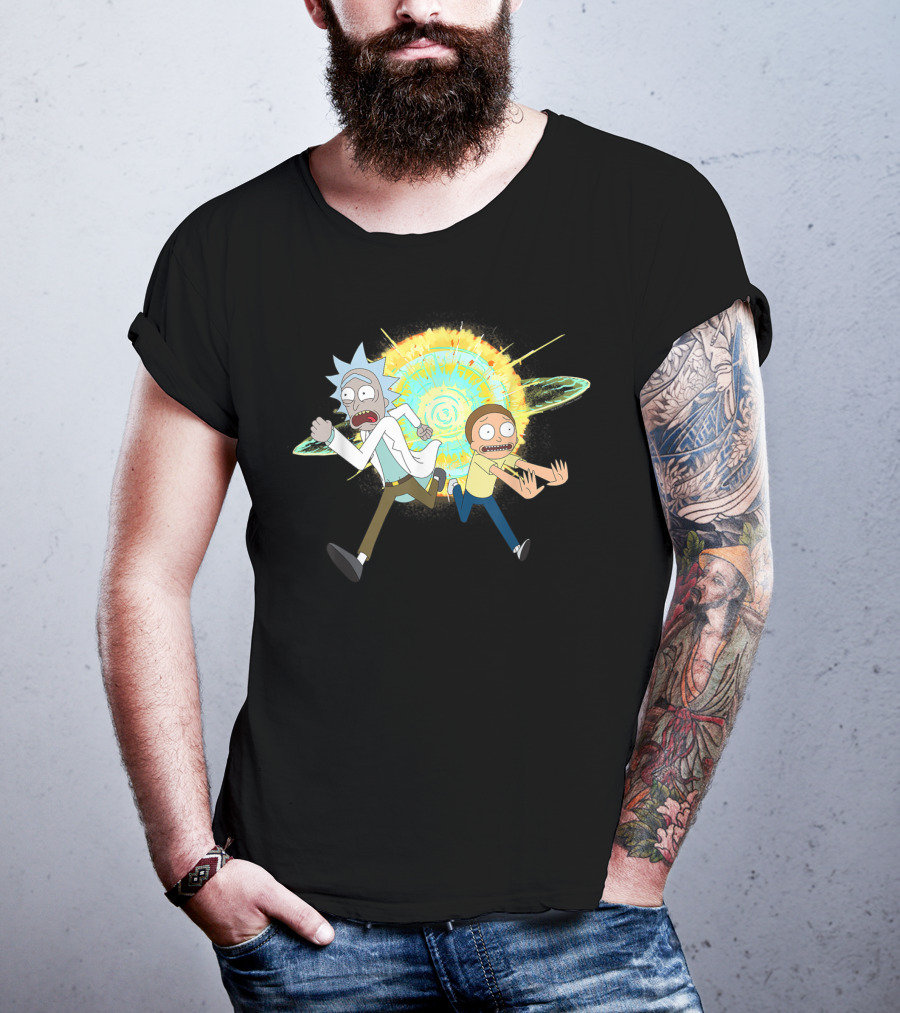 Rick And Morty Running From A Portal Explosion T-Shirt
