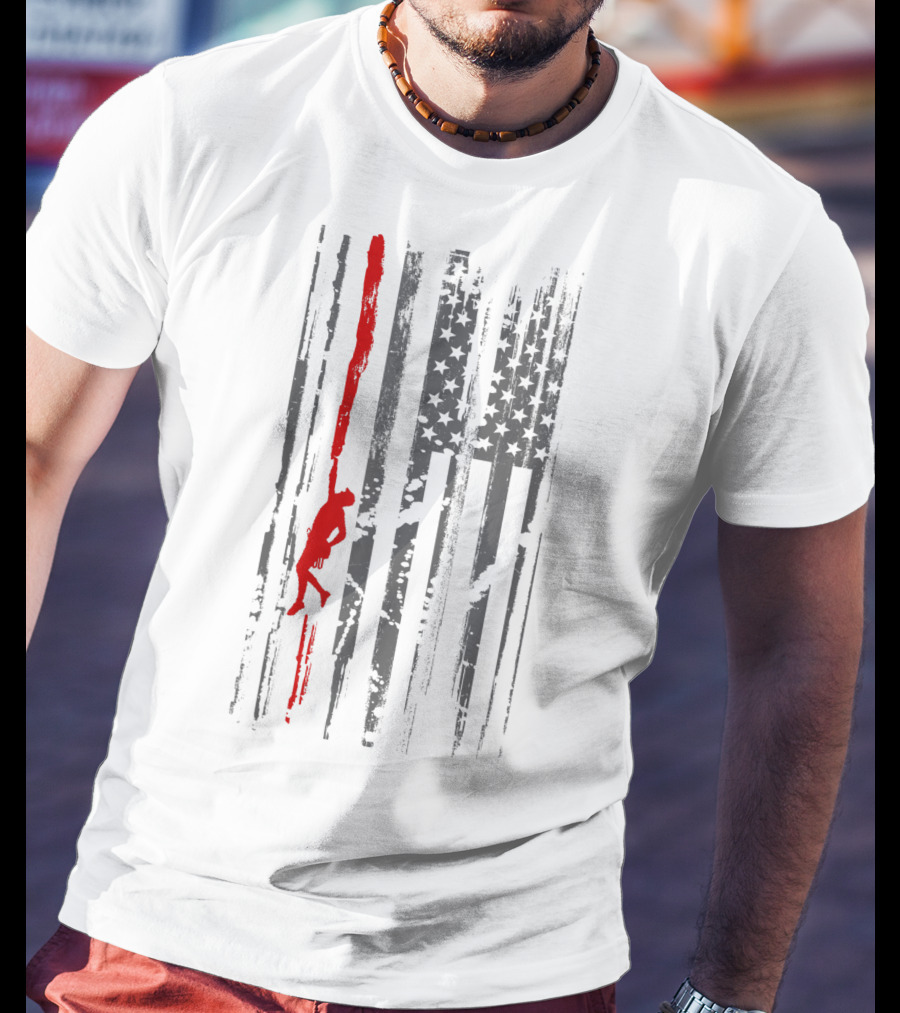 Rock Climbing Silhouette On American Flag Stripes And Stars T-Shirt