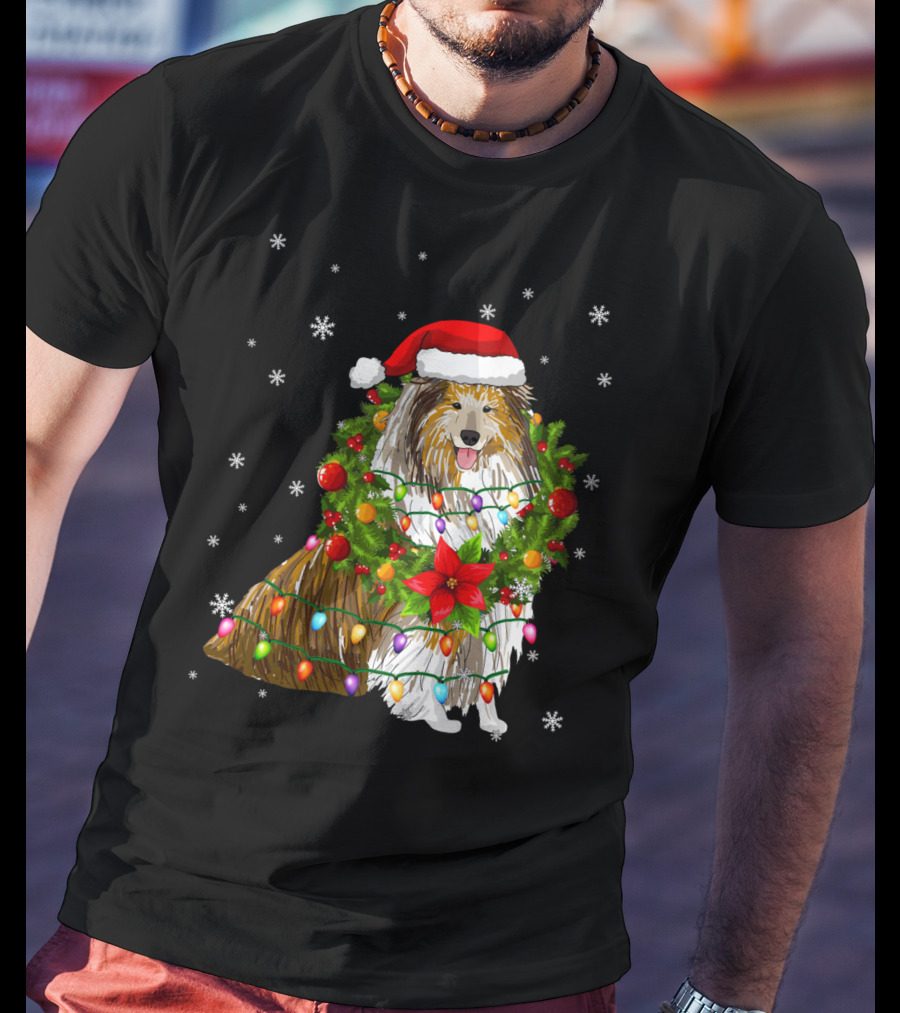 Santa Collie Dog Wrapped In Christmas Lights And Festive Garland T-Shirt