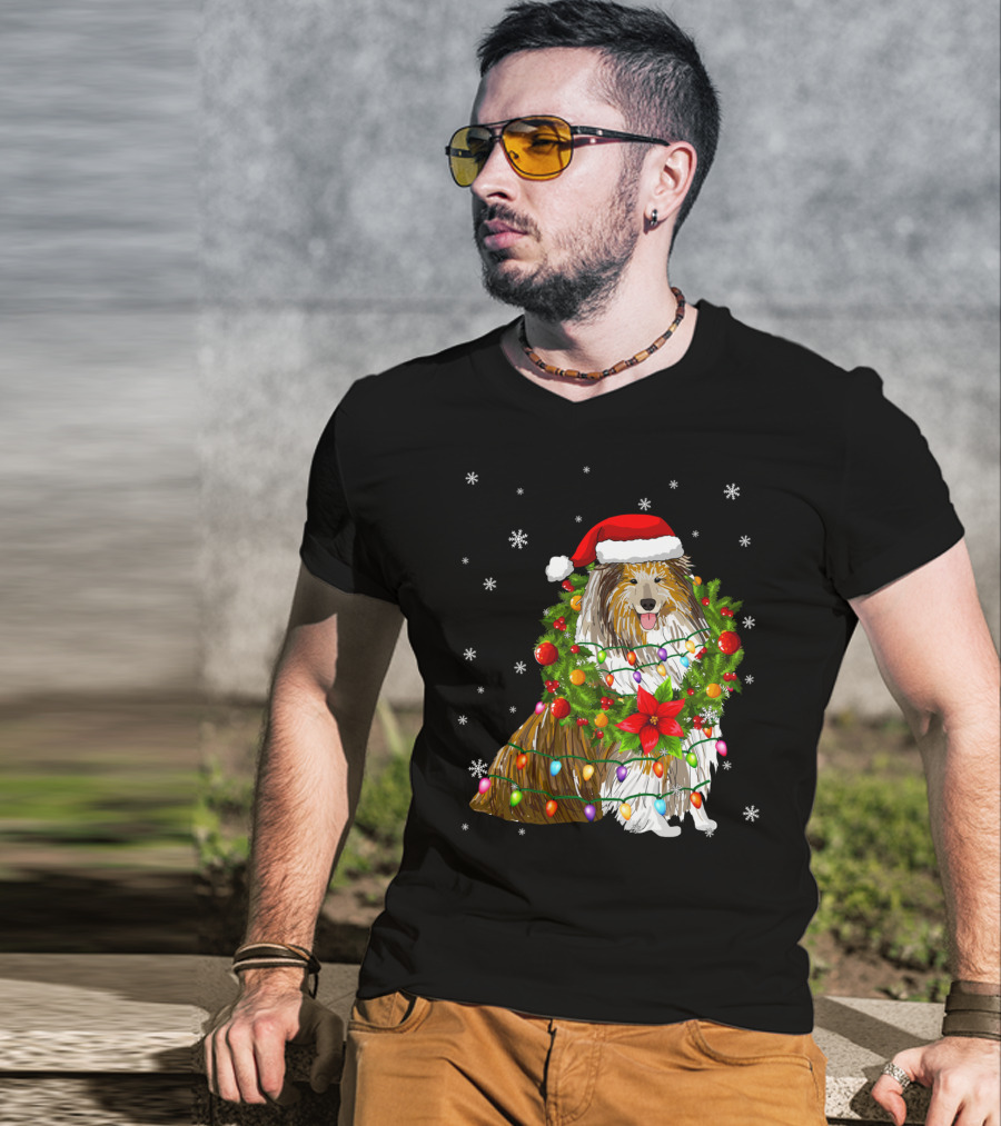 Santa Collie Dog Wrapped In Christmas Lights And Festive Garland T-Shirt