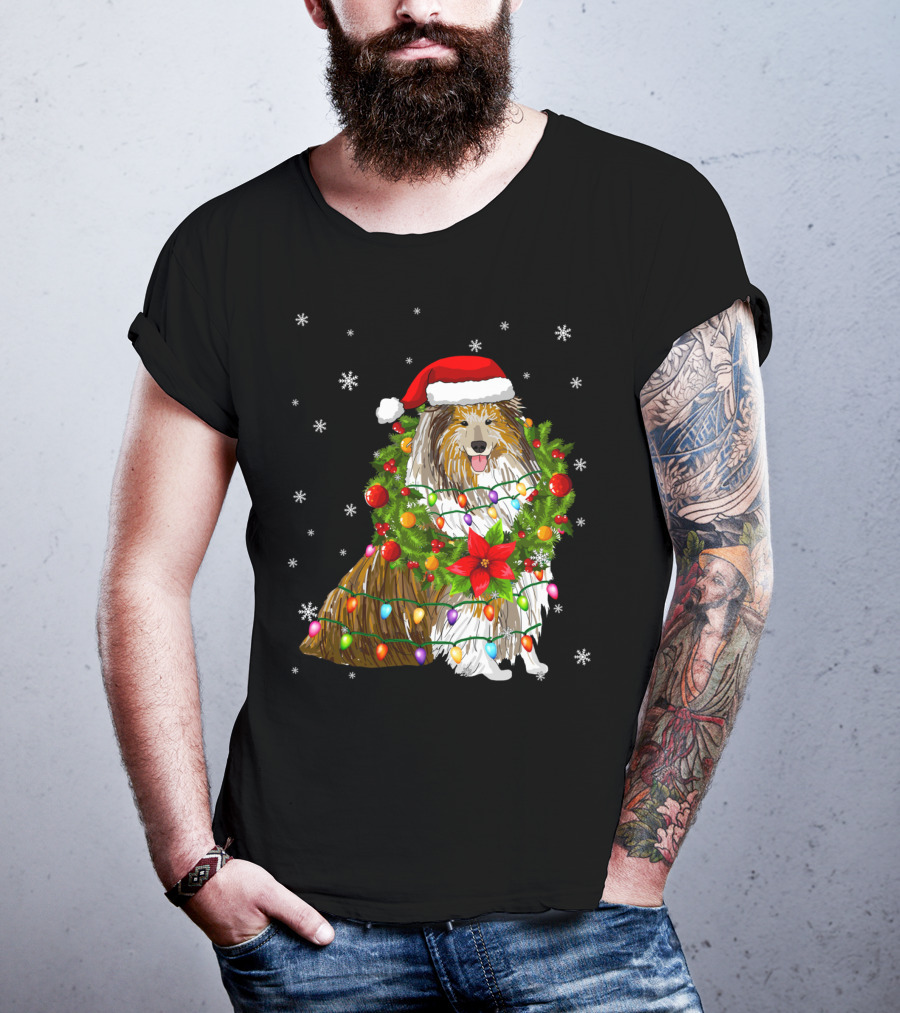Santa Collie Dog Wrapped In Christmas Lights And Festive Garland T-Shirt