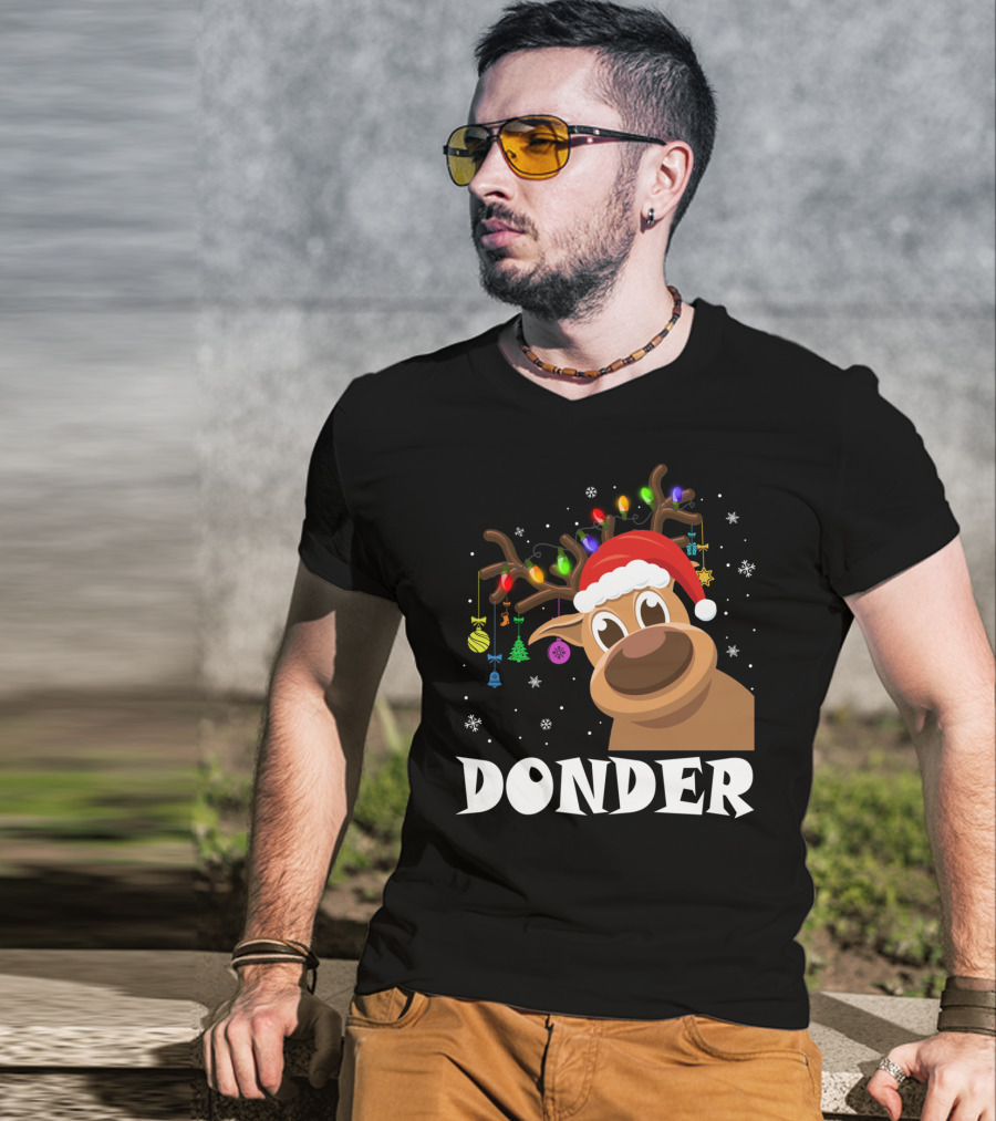 Santa Reindeer Donder Xmas Lights And Ornaments T-Shirt