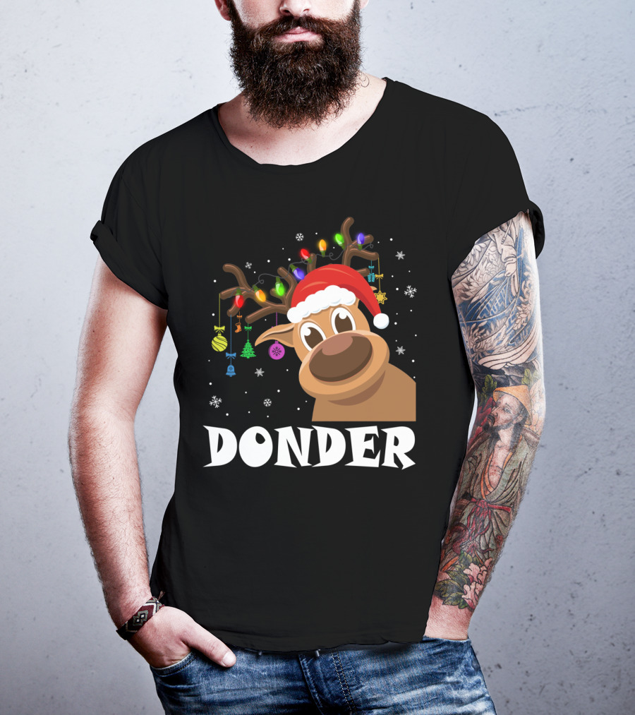 Santa Reindeer Donder Xmas Lights And Ornaments T-Shirt