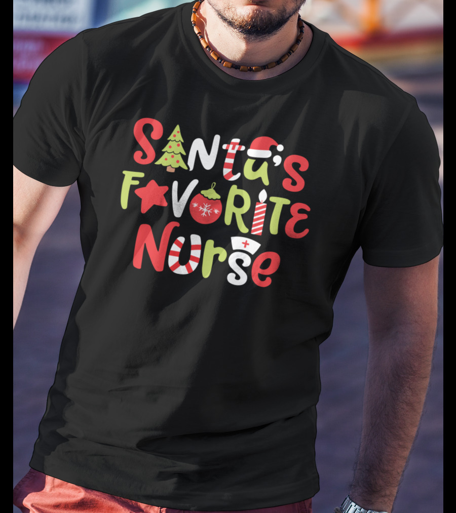 Santa's Favorite Nurse Christmas Tree Ornament Candle Hat T-Shirt