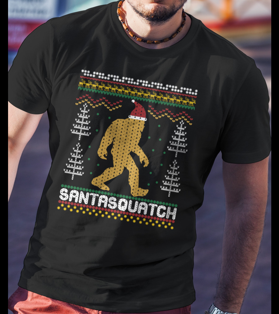 Santasquatch Bigfoot Christmas Sweater Pattern With Santa Hat And Trees T-Shirt