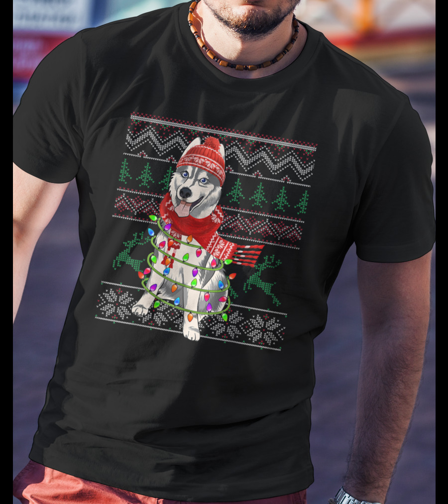 Siberian Husky Christmas Lights Holiday T-Shirt