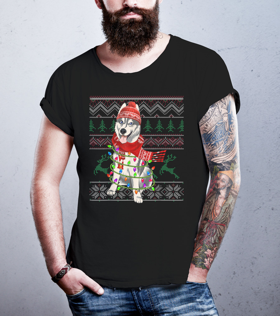 Siberian Husky Christmas Lights Holiday T-Shirt
