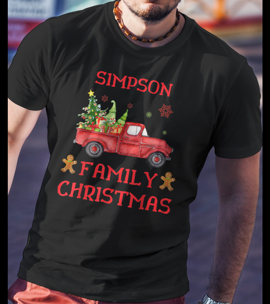 Simpson Family Christmas Old Red Truck With Tree And Gingerbread Men T-Shirt