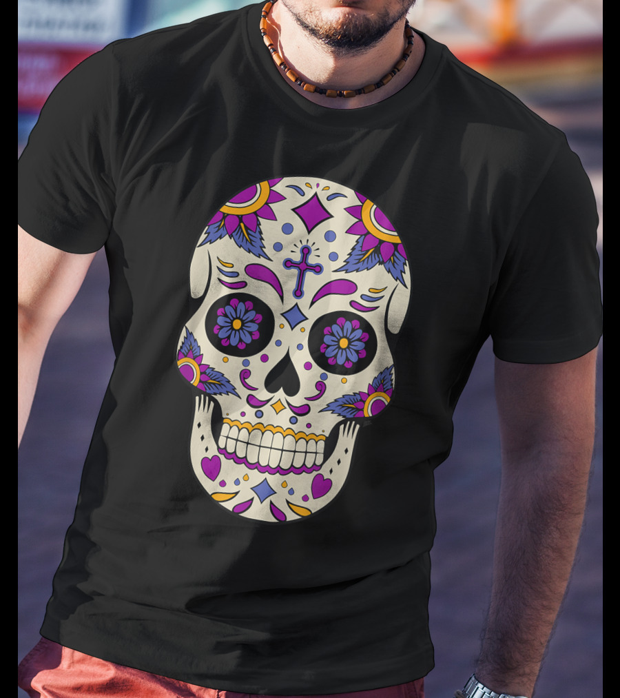 Sugar Skull Day Of The Dead Halloween Dia De Los Muertos Colorful Cross Floral T-Shirt
