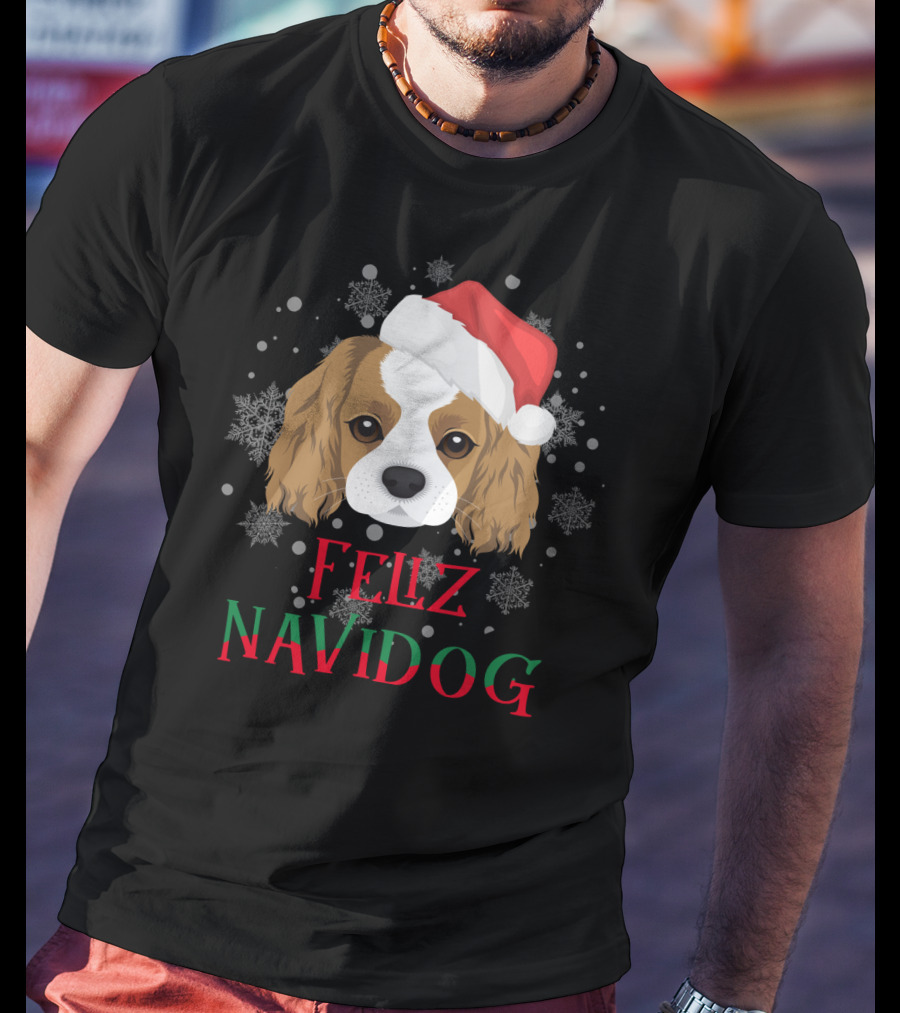 Feliz Navidog Charles Spaniel Santa Hat Snowflakes T-Shirt