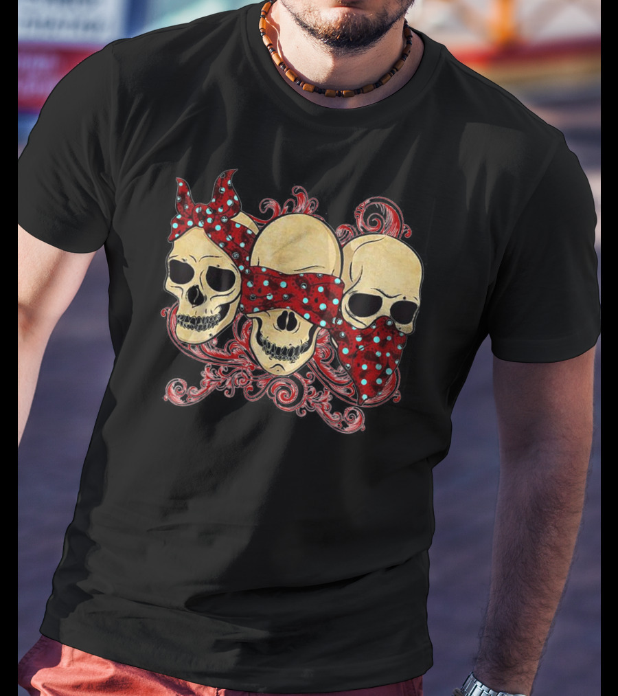 Tattoo Skull See No Evil Hear No Evil Speak No Evil Skulls With Polka Dot Bandanas T-Shirt