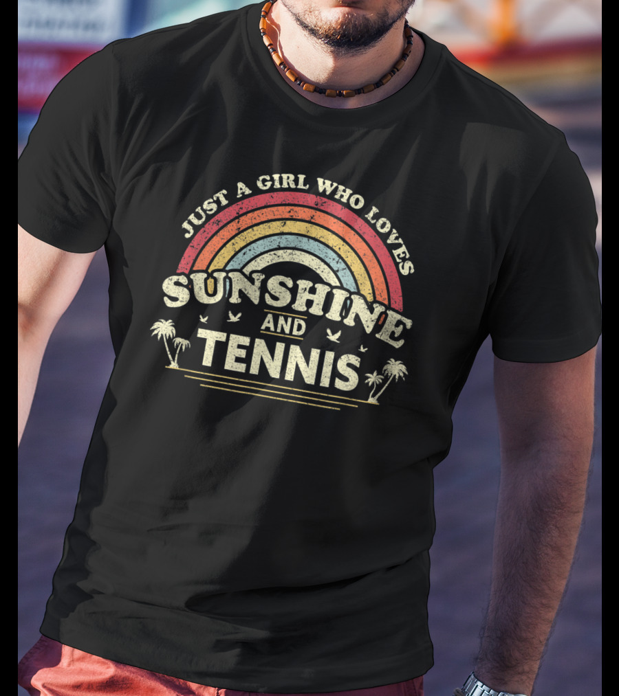 Just A Girl Who Loves Sunshine And Tennis Vintage Rainbow Palm Trees T-Shirt