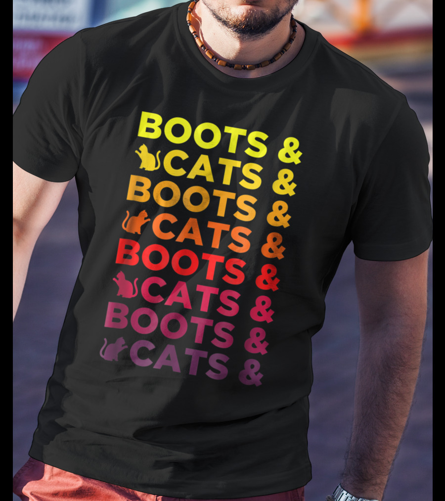 Boots And Cats EDM Rave Festival Funny Repeating Text And Cat T-Shirt
