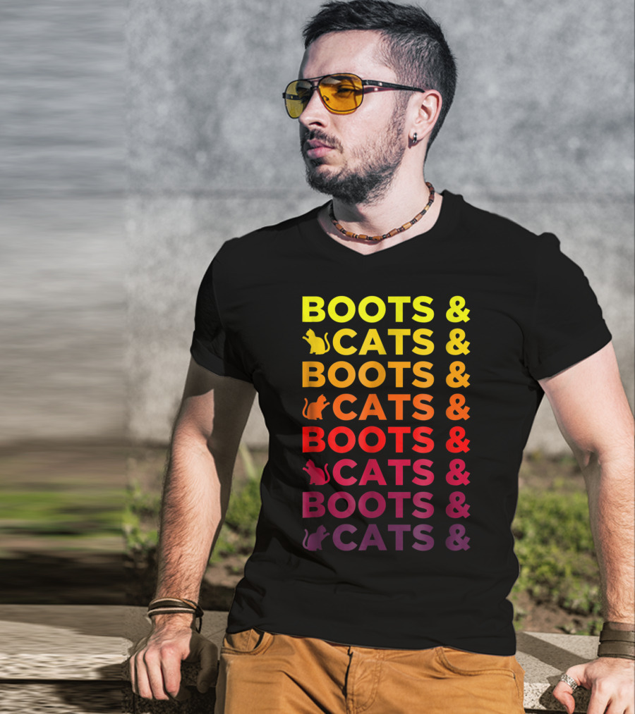 Boots And Cats EDM Rave Festival Funny Repeating Text And Cat T-Shirt
