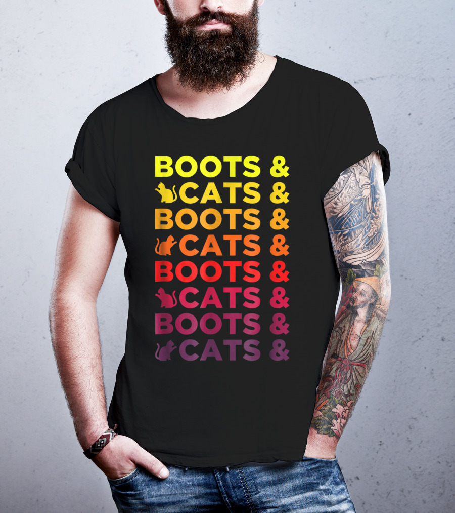 Boots And Cats EDM Rave Festival Funny Repeating Text And Cat T-Shirt