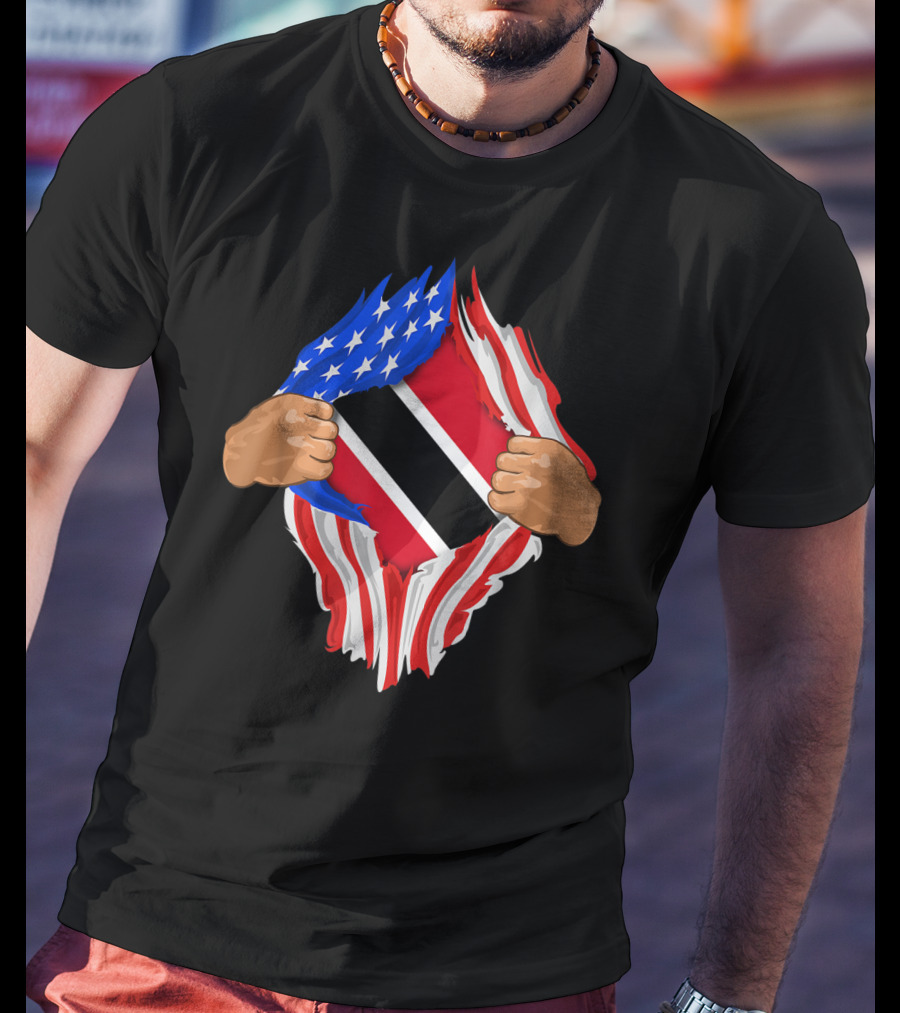 American And Trinidad And Tobago Flag Ripped Open T-Shirt