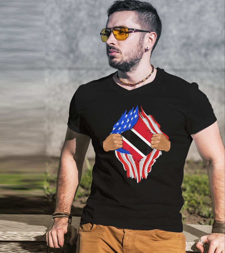 American And Trinidad And Tobago Flag Ripped Open T-Shirt