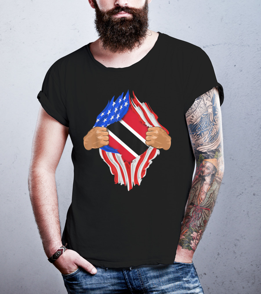American And Trinidad And Tobago Flag Ripped Open T-Shirt
