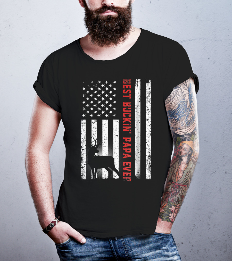 Best Buckin' Papa Ever USA Flag Deer Hunting T-Shirt