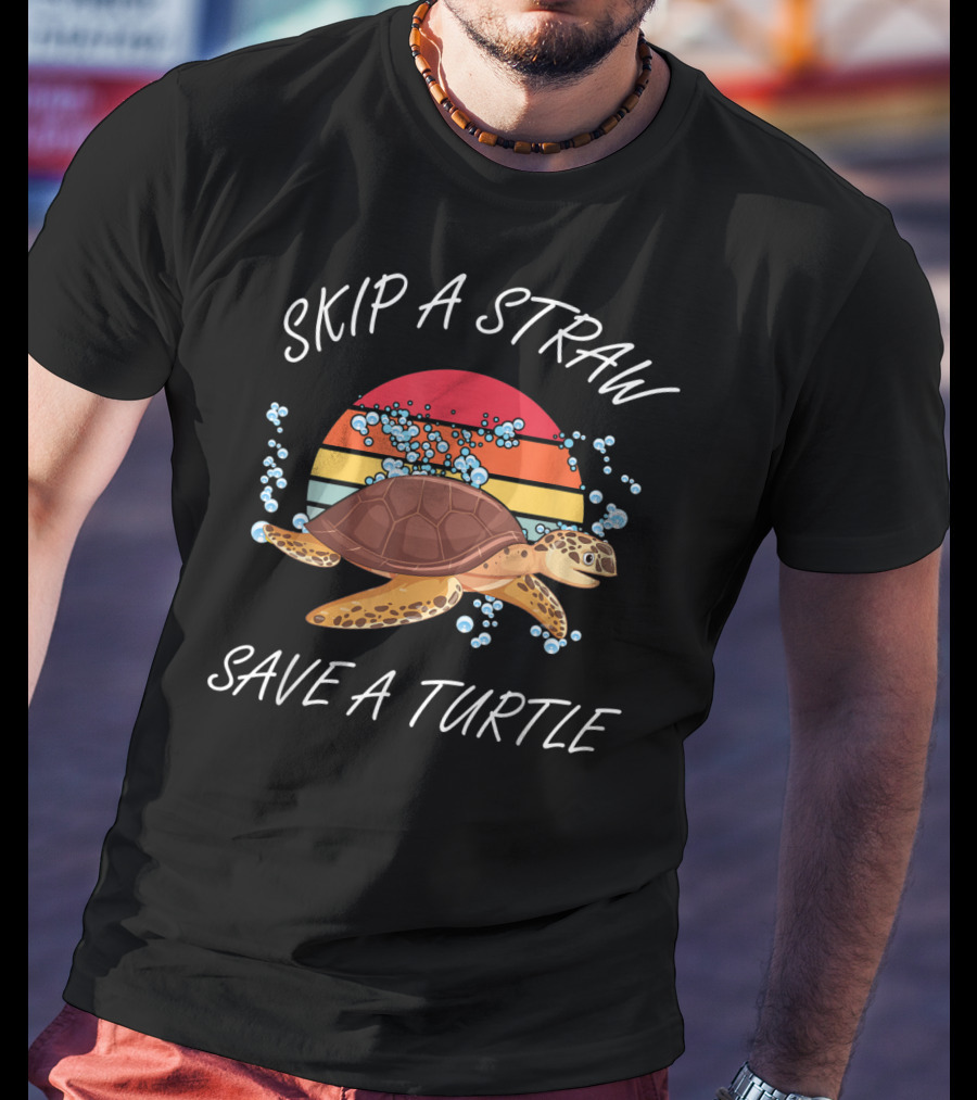 Skip A Straw Save A Turtle Vintage Sunset Turtle Ocean Conservation T-Shirt