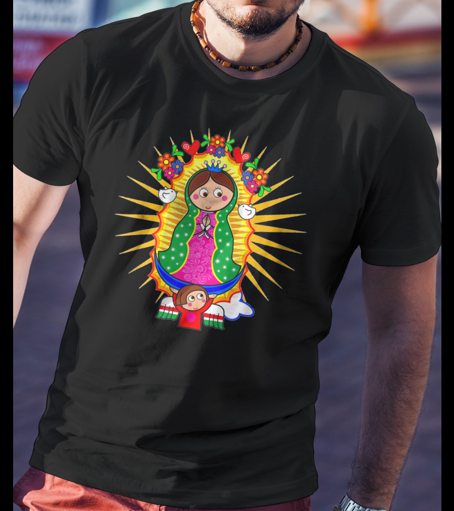 Virgen De Guadalupe Cartoon Mexican Folk Art Angel Children Flowers Sacred Image T-Shirt