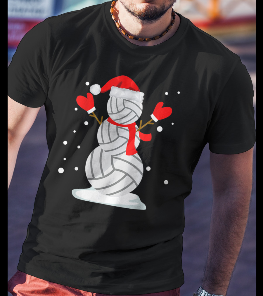 Volleyball Snowman With Santa Hat And Red Mittens T-Shirt