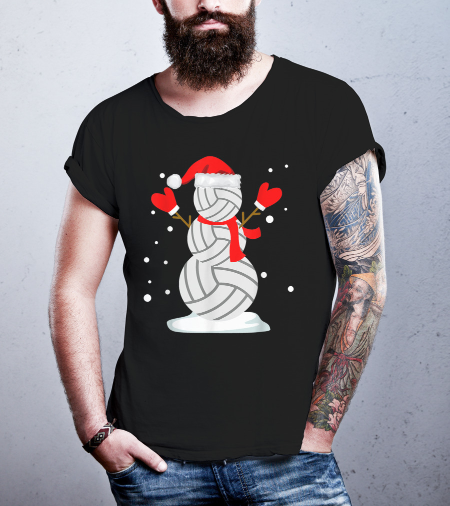 Volleyball Snowman With Santa Hat And Red Mittens T-Shirt